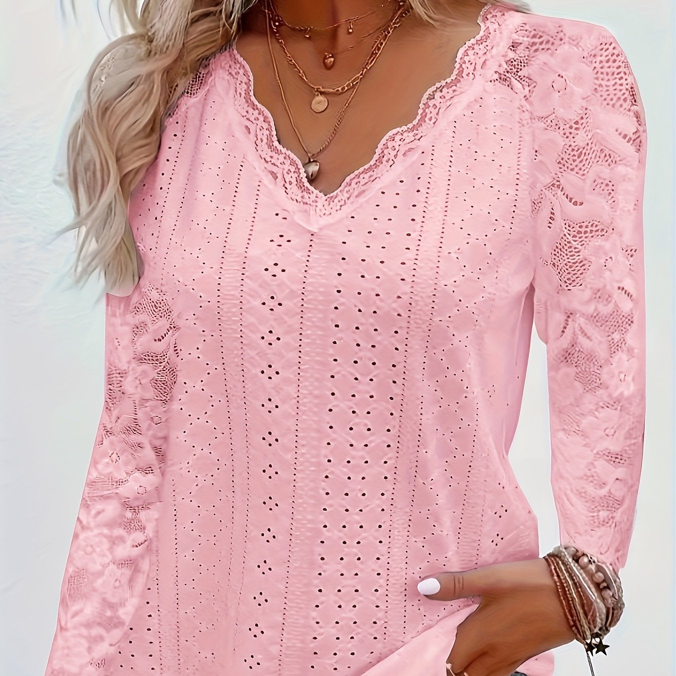Nicole | Lace-Detail V-Neck Long Sleeve Top