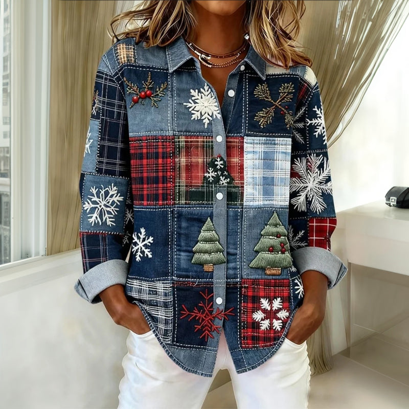 Maribel | Festive Patchwork Holiday Button Shirt