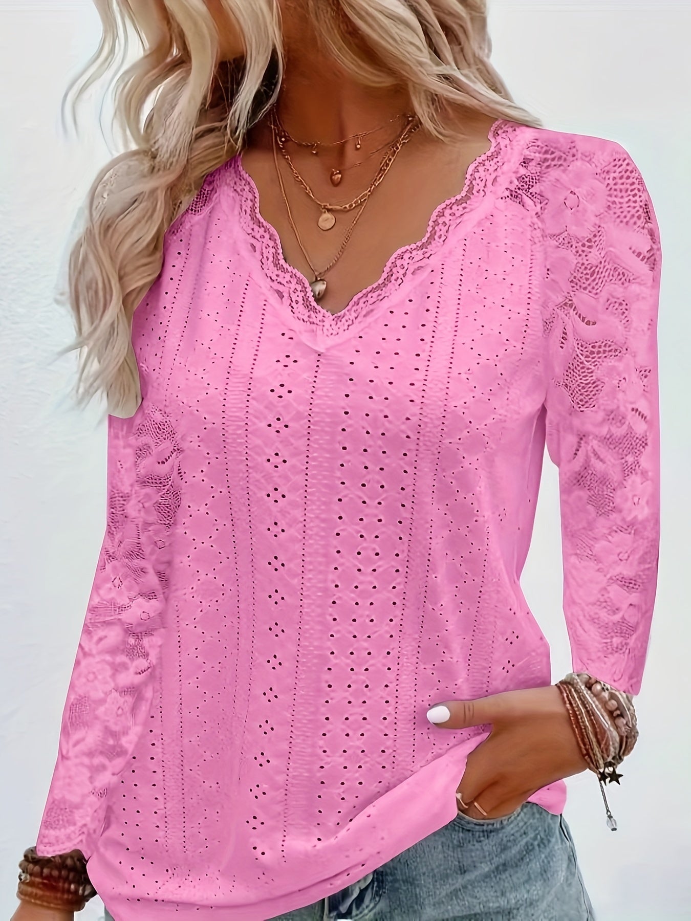 Nicole | Lace-Detail V-Neck Long Sleeve Top