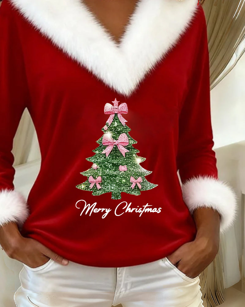 Holly | Festive Tree Print V-Neck Holiday Top