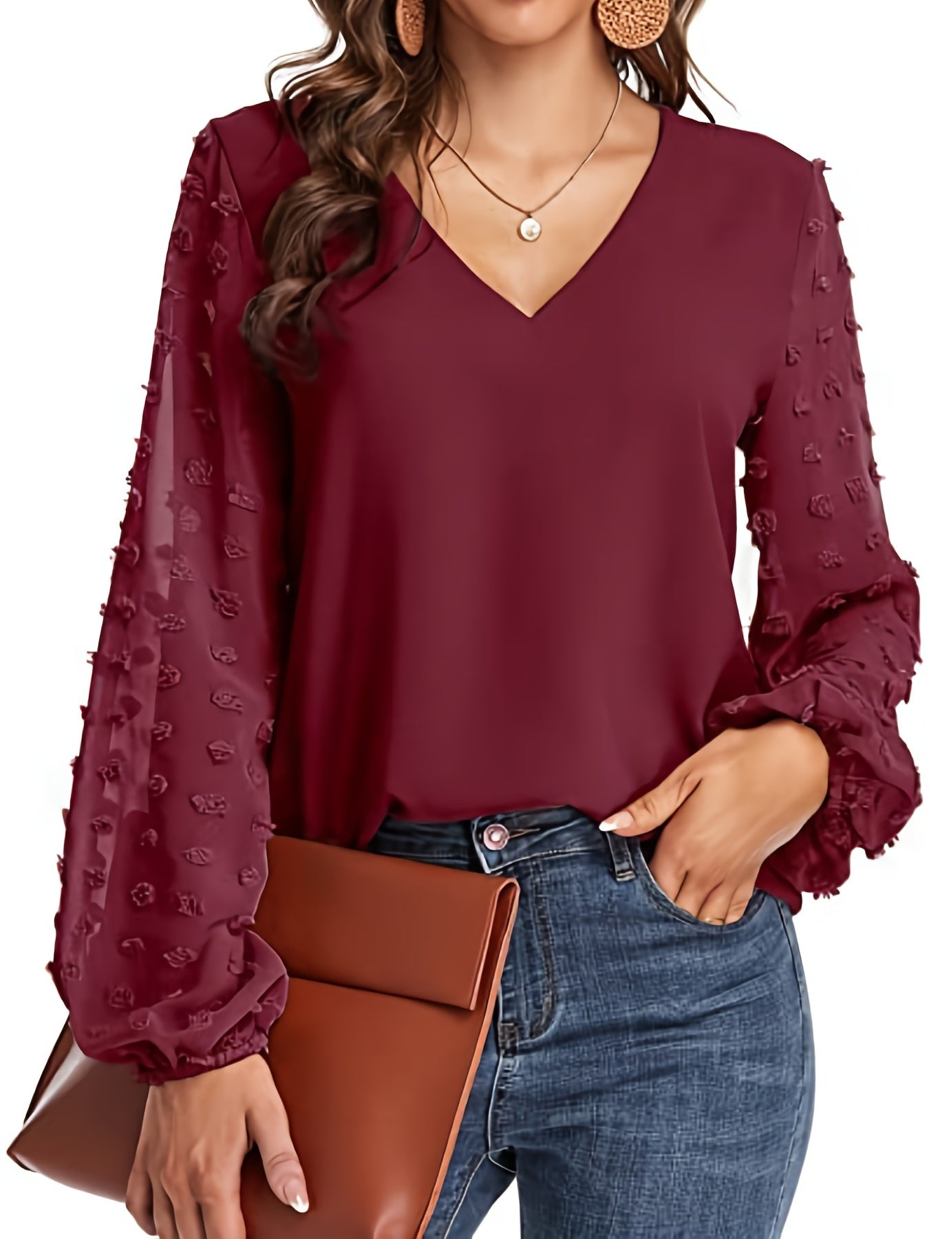 Lena | Textured Sleeve V-Neck Statement Blouse